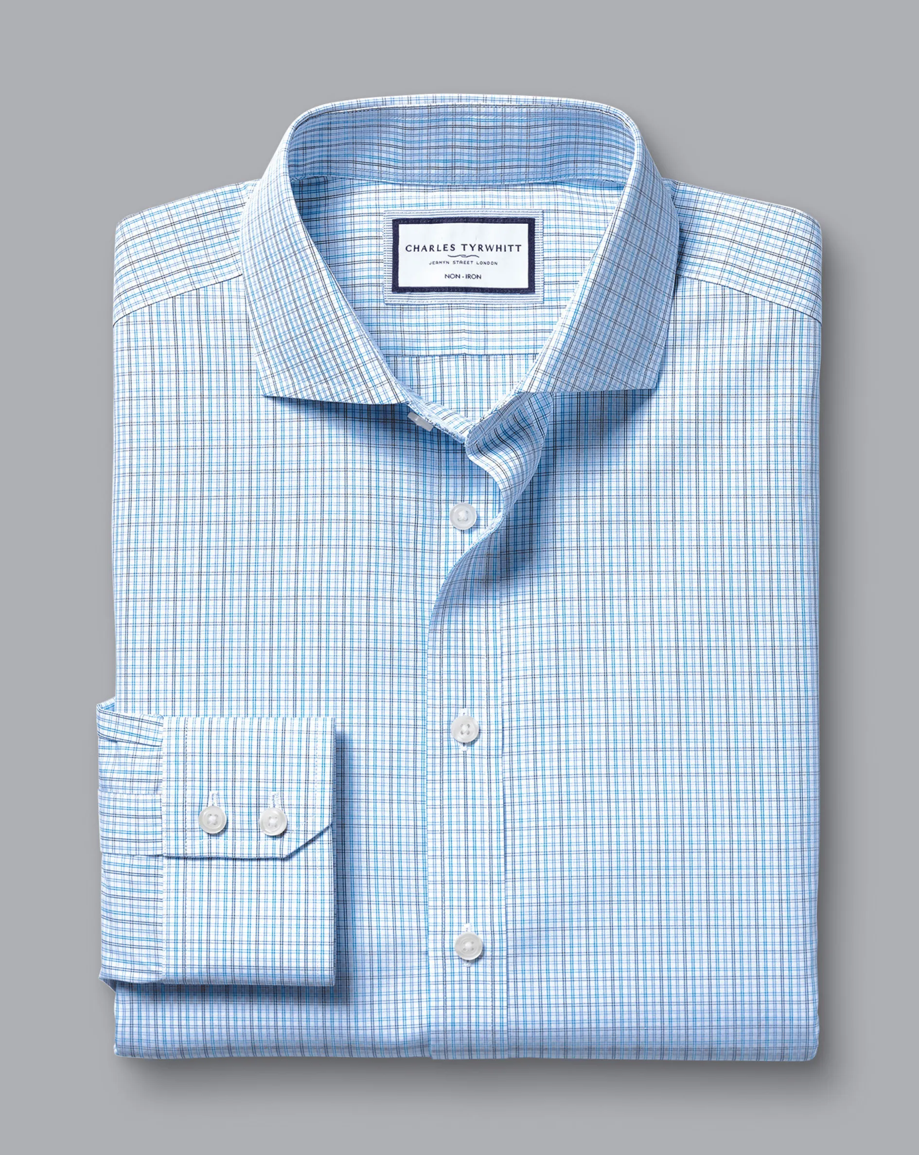 Hot Charles Tyrwhitt Spread Collar Non-Iron Fine Line Check Shirt - Ocean Blue