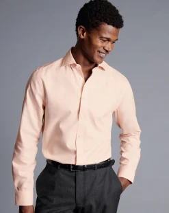 Discount Charles Tyrwhitt Spread Collar Non-Iron Henley Weave Shirt - Peach