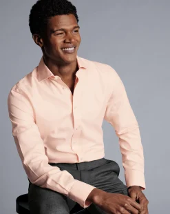 Discount Charles Tyrwhitt Spread Collar Non-Iron Henley Weave Shirt - Peach