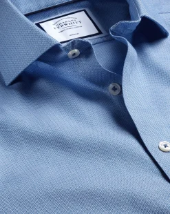 Fashion Charles Tyrwhitt Spread Collar Non-Iron Henley Weave Shirt - Ocean Blue