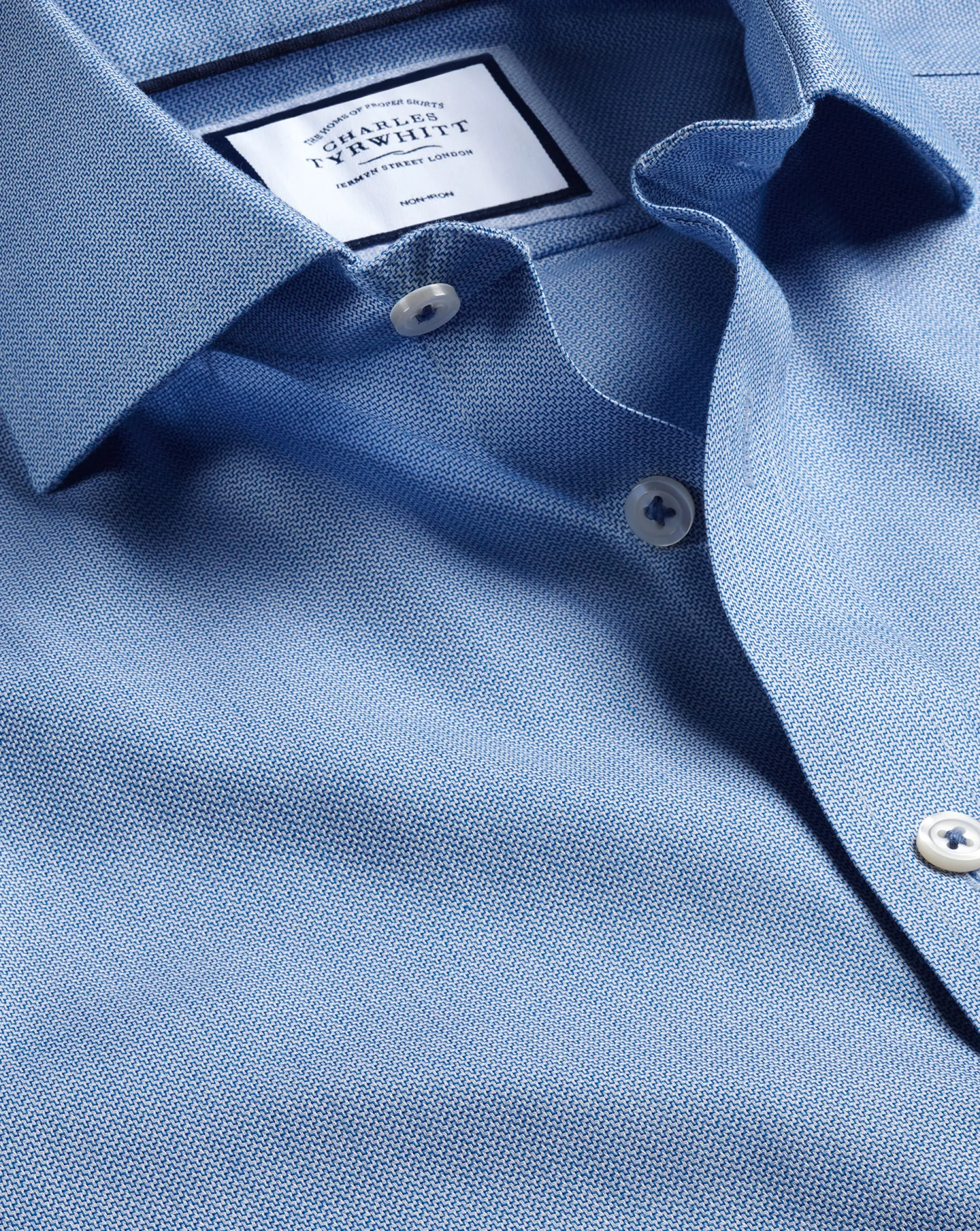 Fashion Charles Tyrwhitt Spread Collar Non-Iron Henley Weave Shirt - Ocean Blue