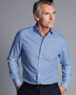 Fashion Charles Tyrwhitt Spread Collar Non-Iron Henley Weave Shirt - Ocean Blue