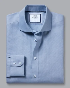 Fashion Charles Tyrwhitt Spread Collar Non-Iron Henley Weave Shirt - Ocean Blue