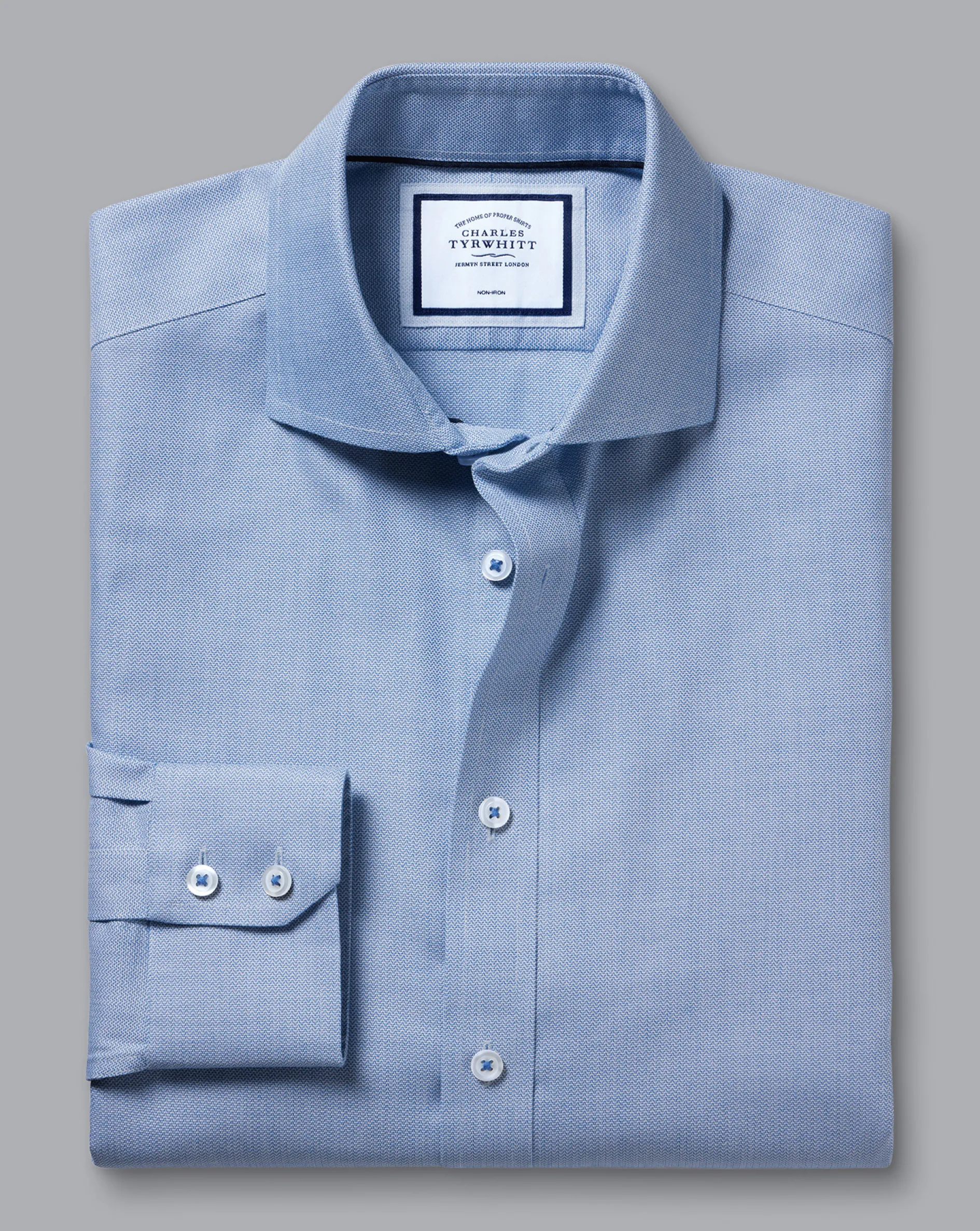 Fashion Charles Tyrwhitt Spread Collar Non-Iron Henley Weave Shirt - Ocean Blue