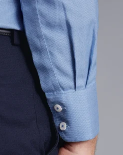Fashion Charles Tyrwhitt Spread Collar Non-Iron Henley Weave Shirt - Ocean Blue
