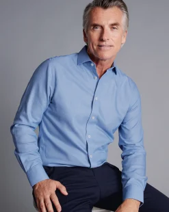 Fashion Charles Tyrwhitt Spread Collar Non-Iron Henley Weave Shirt - Ocean Blue