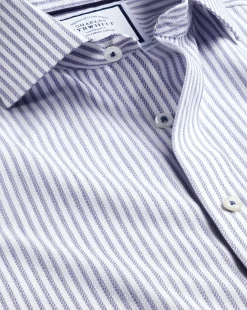 Shop Charles Tyrwhitt Spread Collar Non-Iron Henley Weave Stripe Shirt - Blue Royal