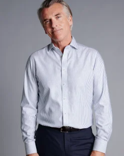 Shop Charles Tyrwhitt Spread Collar Non-Iron Henley Weave Stripe Shirt - Blue Royal