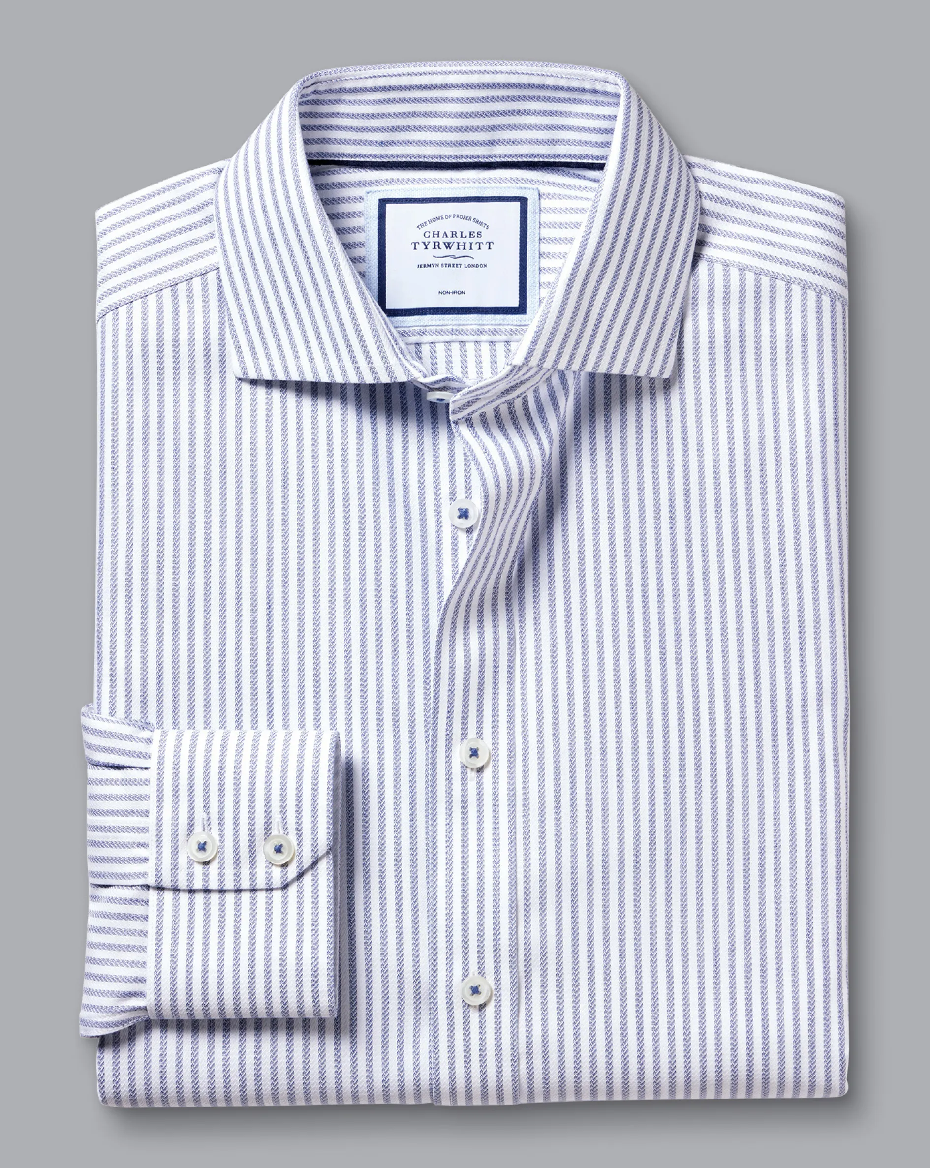 Shop Charles Tyrwhitt Spread Collar Non-Iron Henley Weave Stripe Shirt - Blue Royal