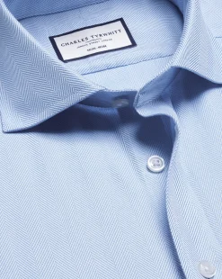 Shop Charles Tyrwhitt Spread Collar Non-Iron Herringbone Shirt - Blue Sky