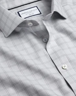 Shop Charles Tyrwhitt Spread Collar Non-Iron Mayfair Weave Check Shirt - Grey Silver