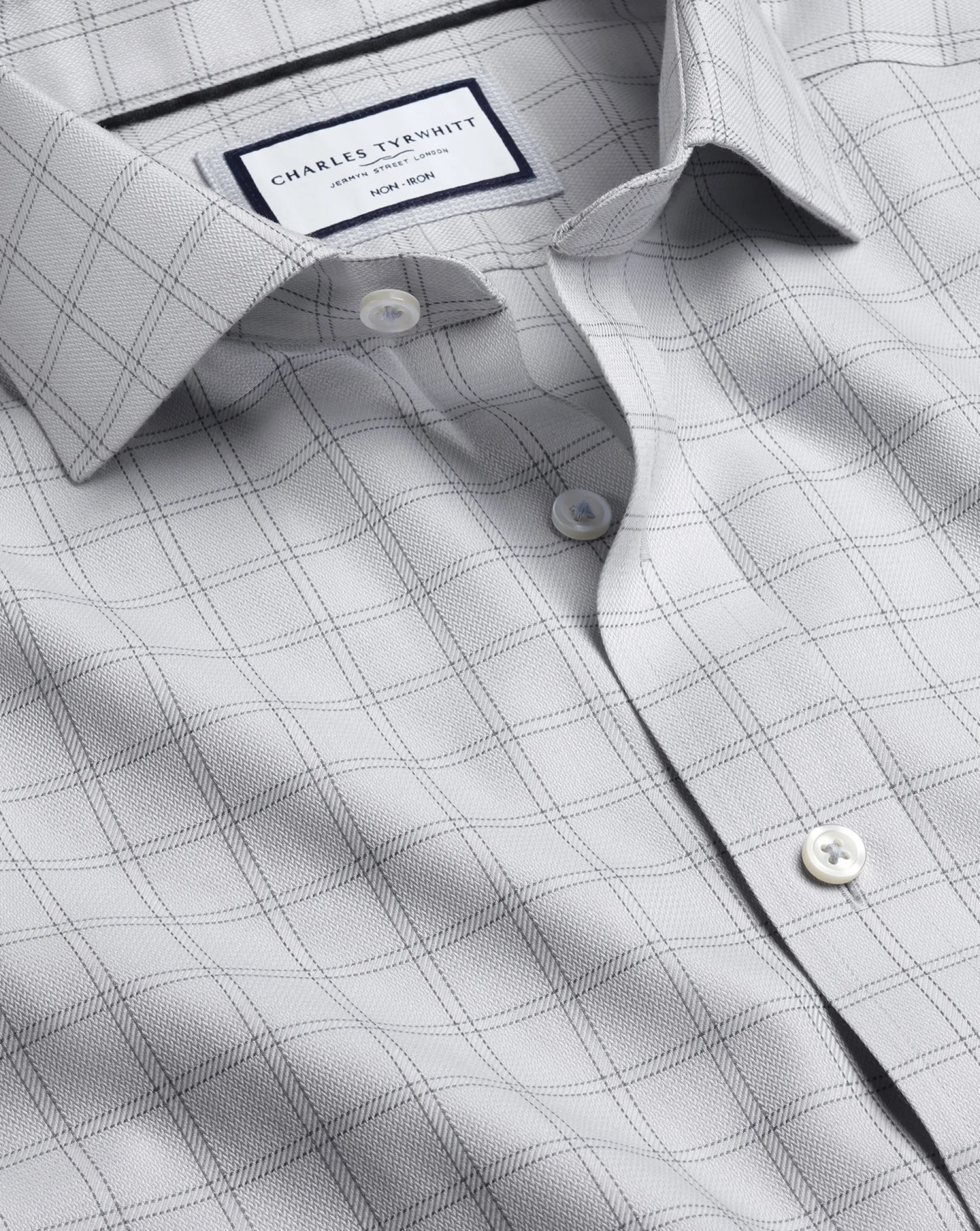 Shop Charles Tyrwhitt Spread Collar Non-Iron Mayfair Weave Check Shirt - Grey Silver