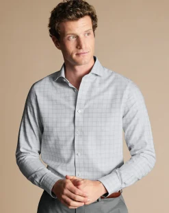 Shop Charles Tyrwhitt Spread Collar Non-Iron Mayfair Weave Check Shirt - Grey Silver