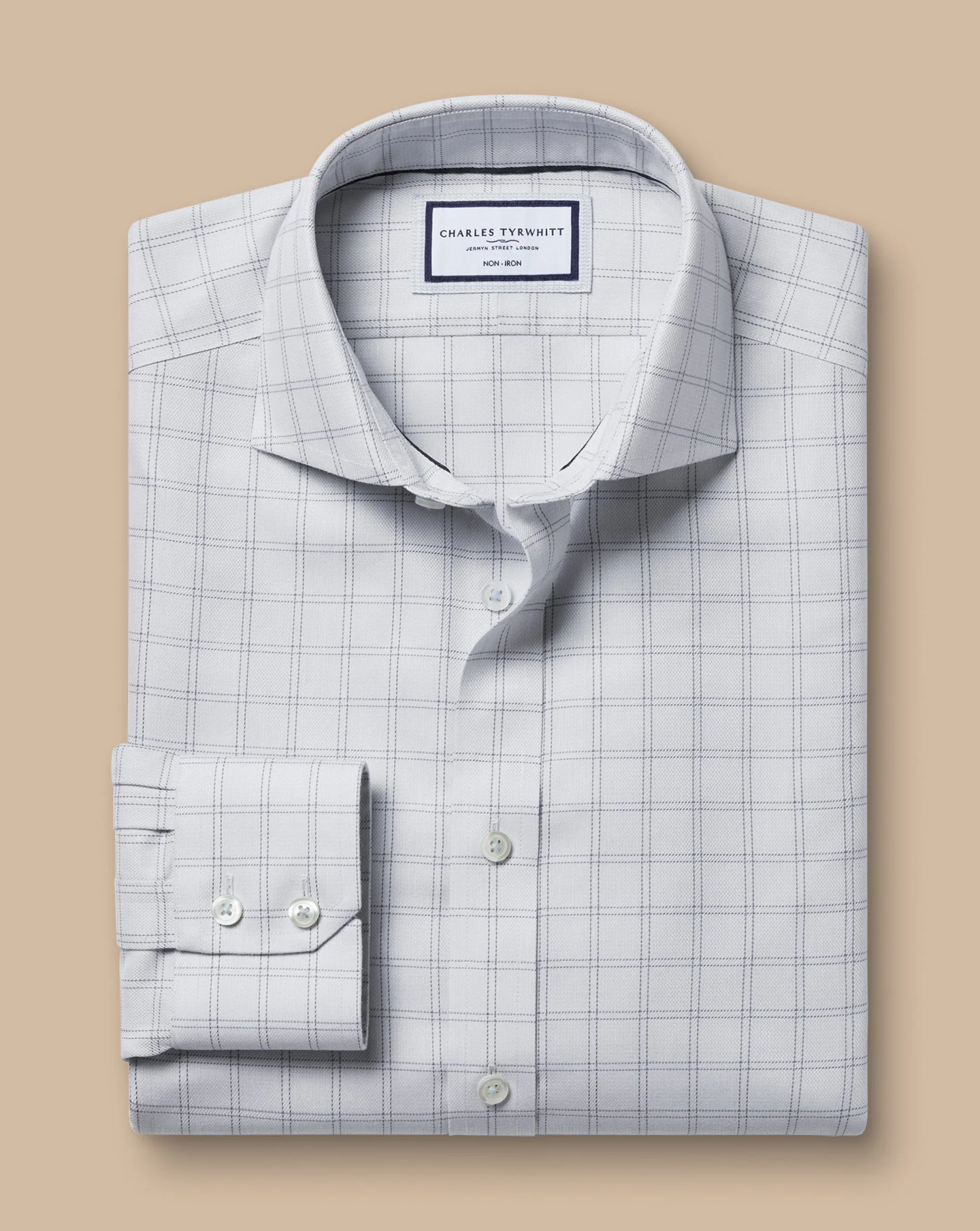 Shop Charles Tyrwhitt Spread Collar Non-Iron Mayfair Weave Check Shirt - Grey Silver