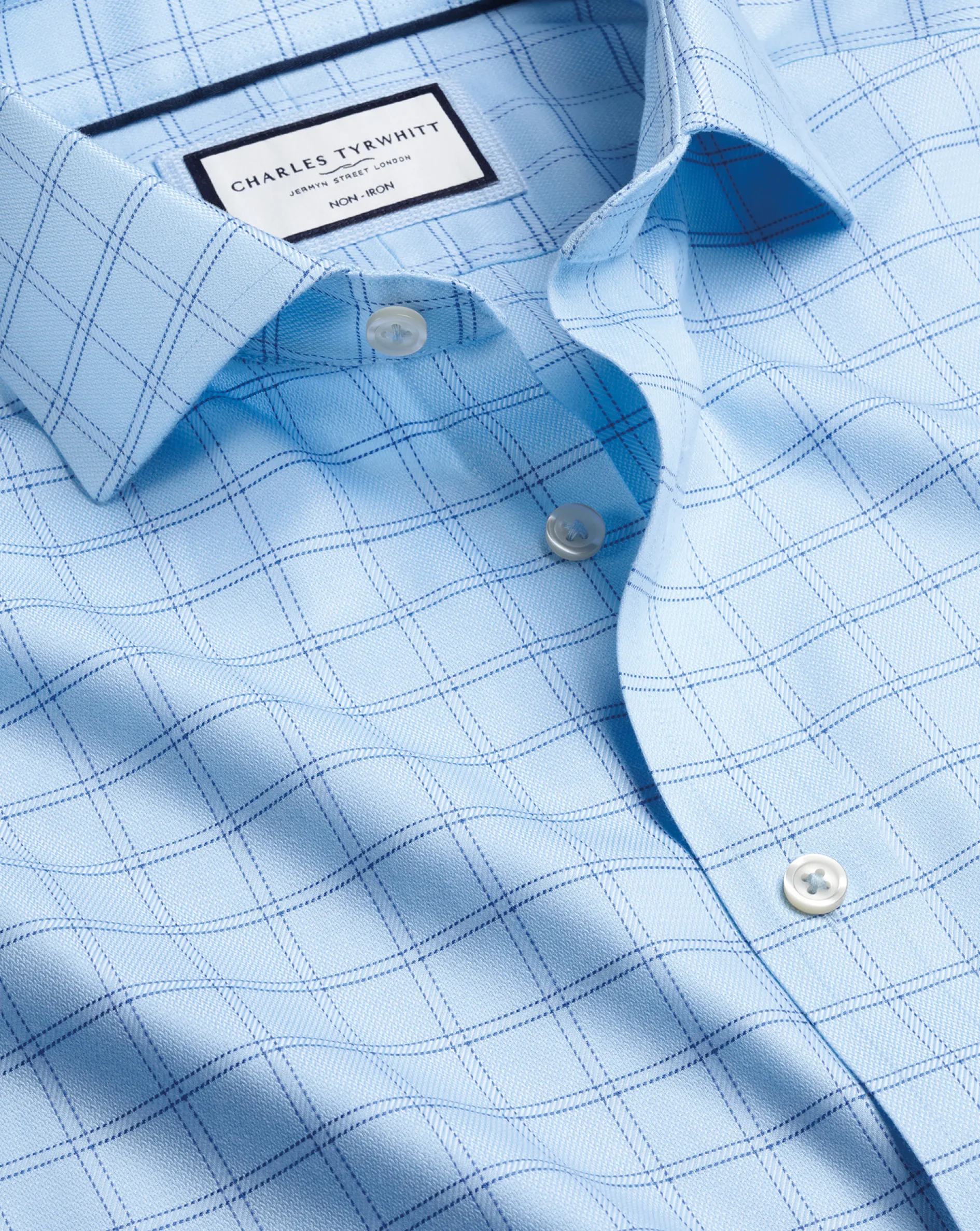 Discount Charles Tyrwhitt Spread Collar Non-Iron Mayfair Weave Check Shirt - Blue Sky