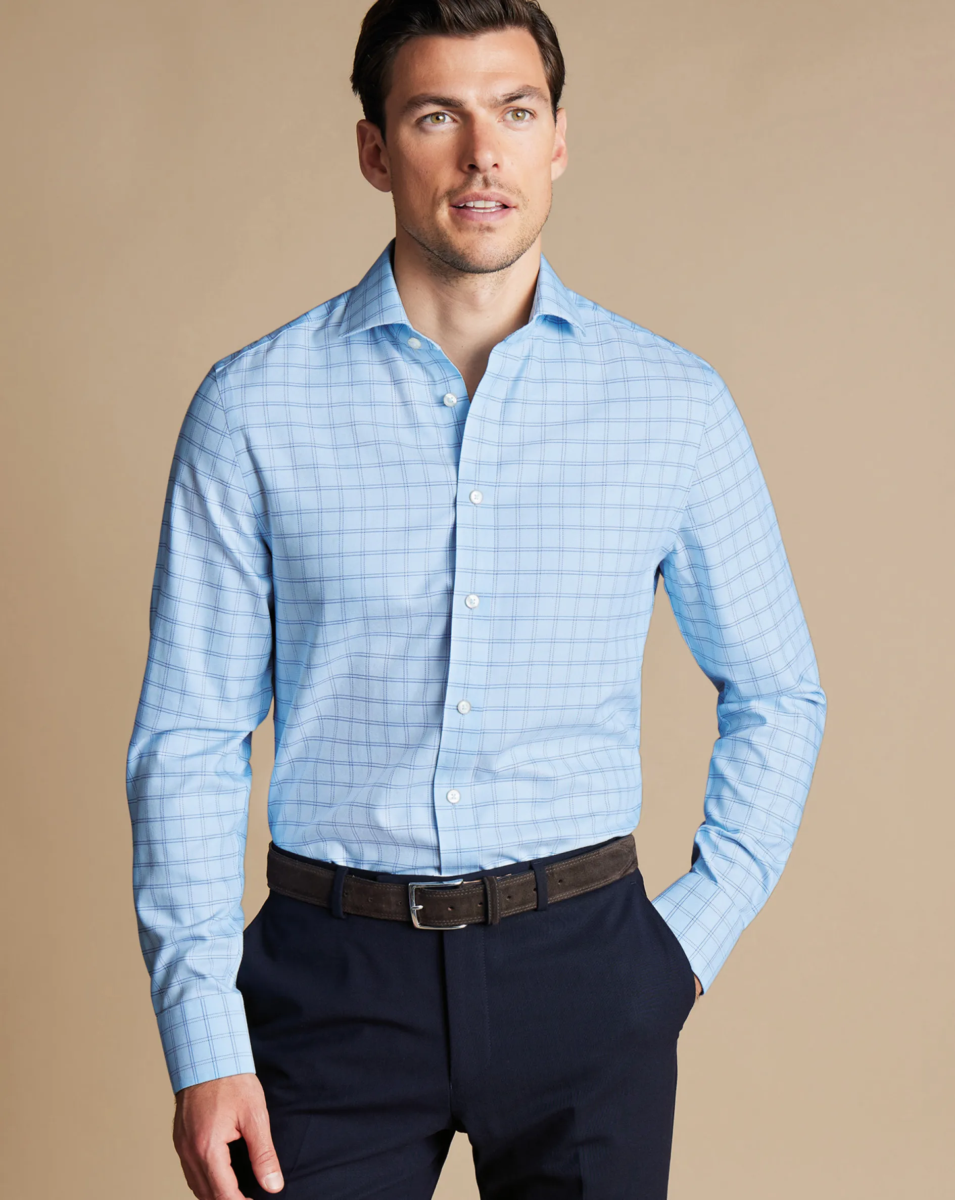 Discount Charles Tyrwhitt Spread Collar Non-Iron Mayfair Weave Check Shirt - Blue Sky