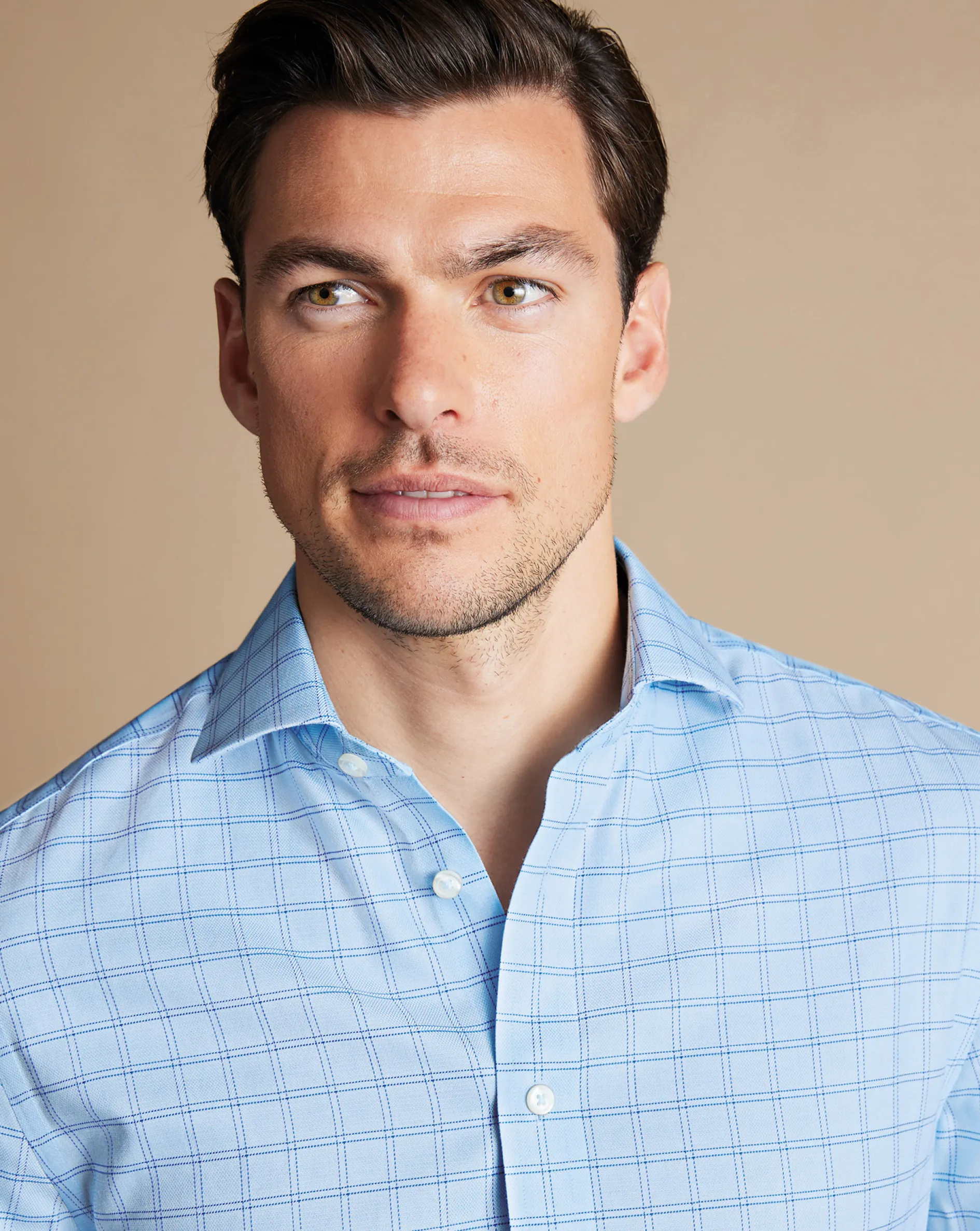 Discount Charles Tyrwhitt Spread Collar Non-Iron Mayfair Weave Check Shirt - Blue Sky