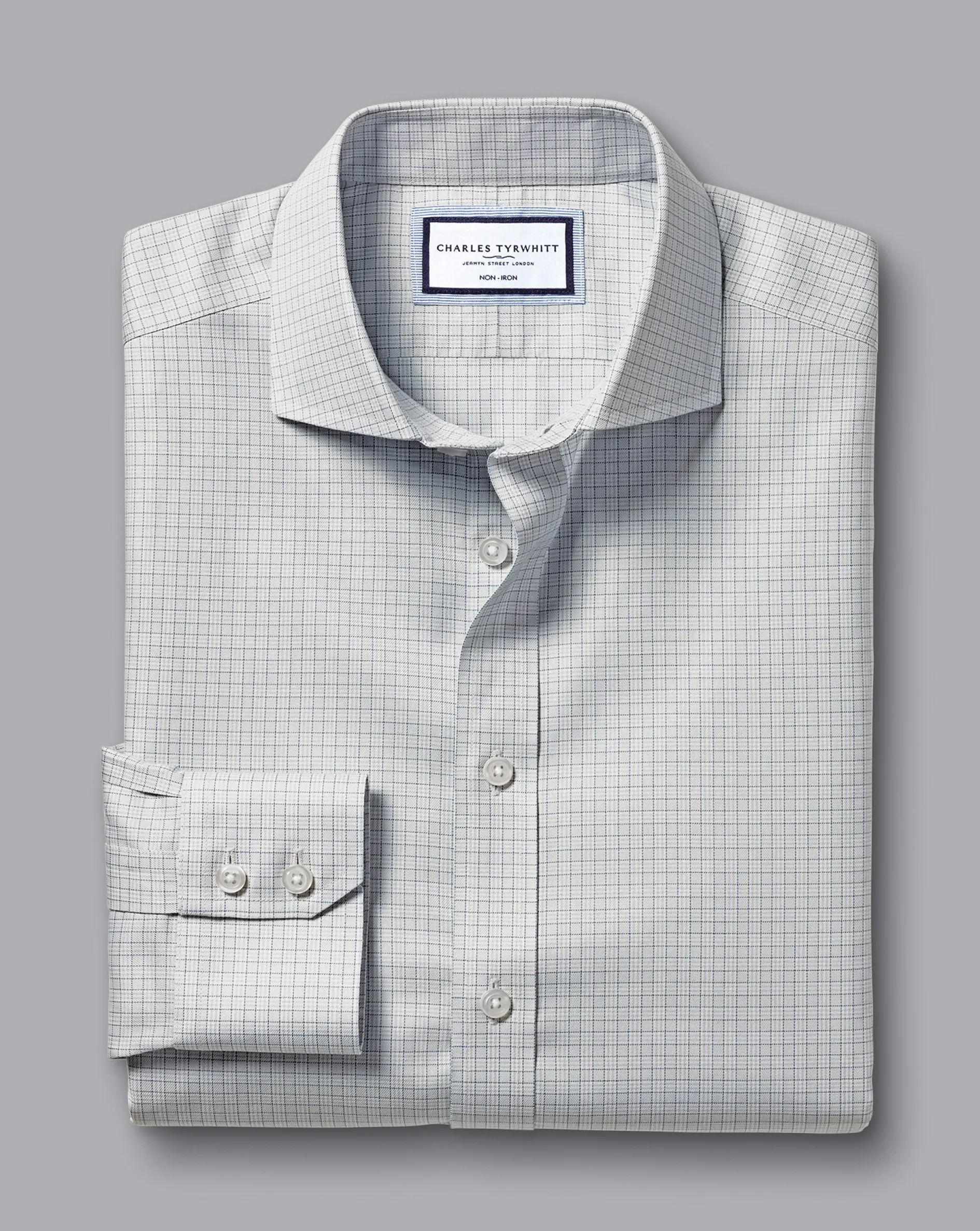Shop Charles Tyrwhitt Spread Collar Non-Iron Mini Prince of Wales Check Shirt - Grey Silver
