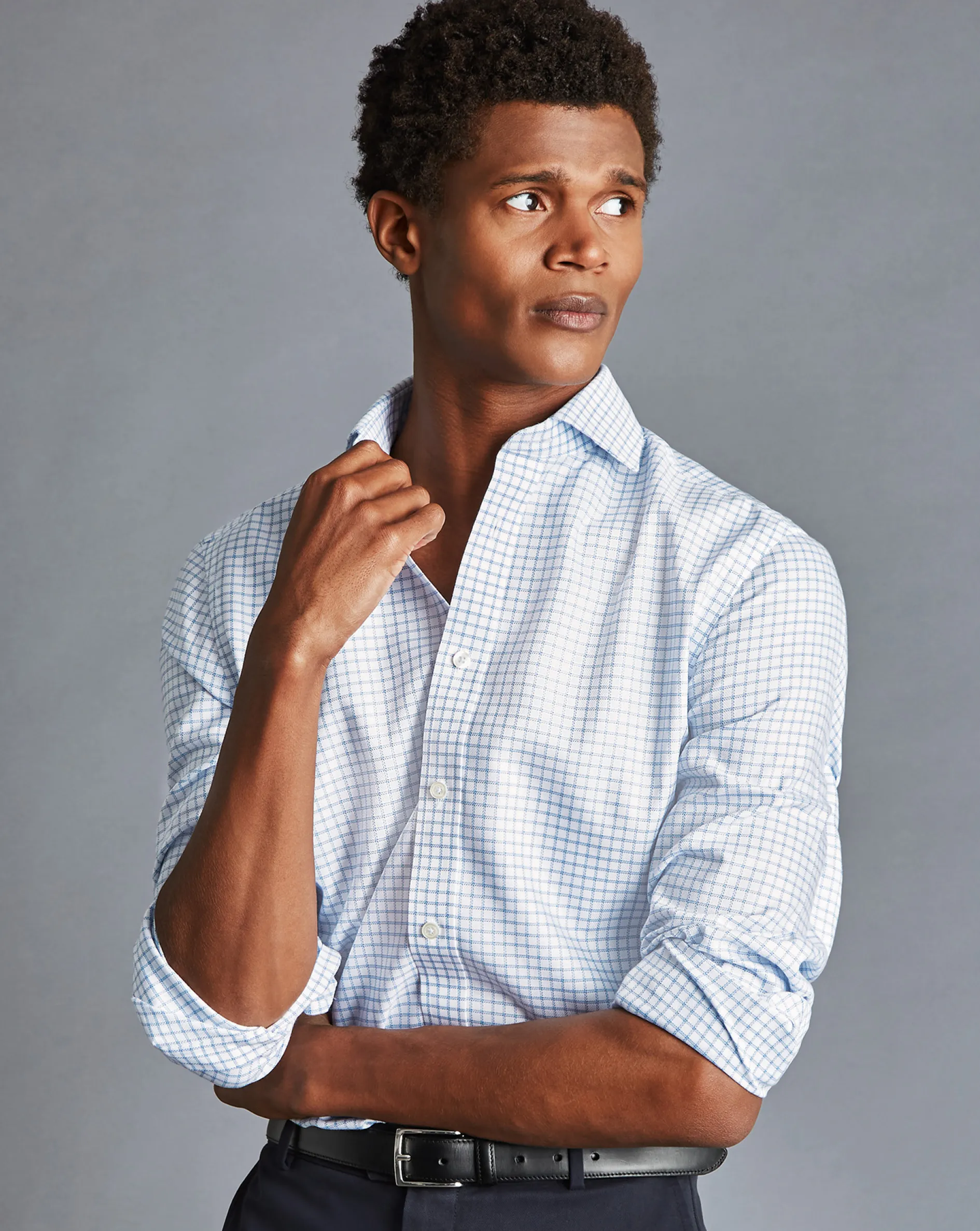Flash Sale Charles Tyrwhitt Spread collar Non-Iron Richmond Weave Check Shirt - Cornflower Blue