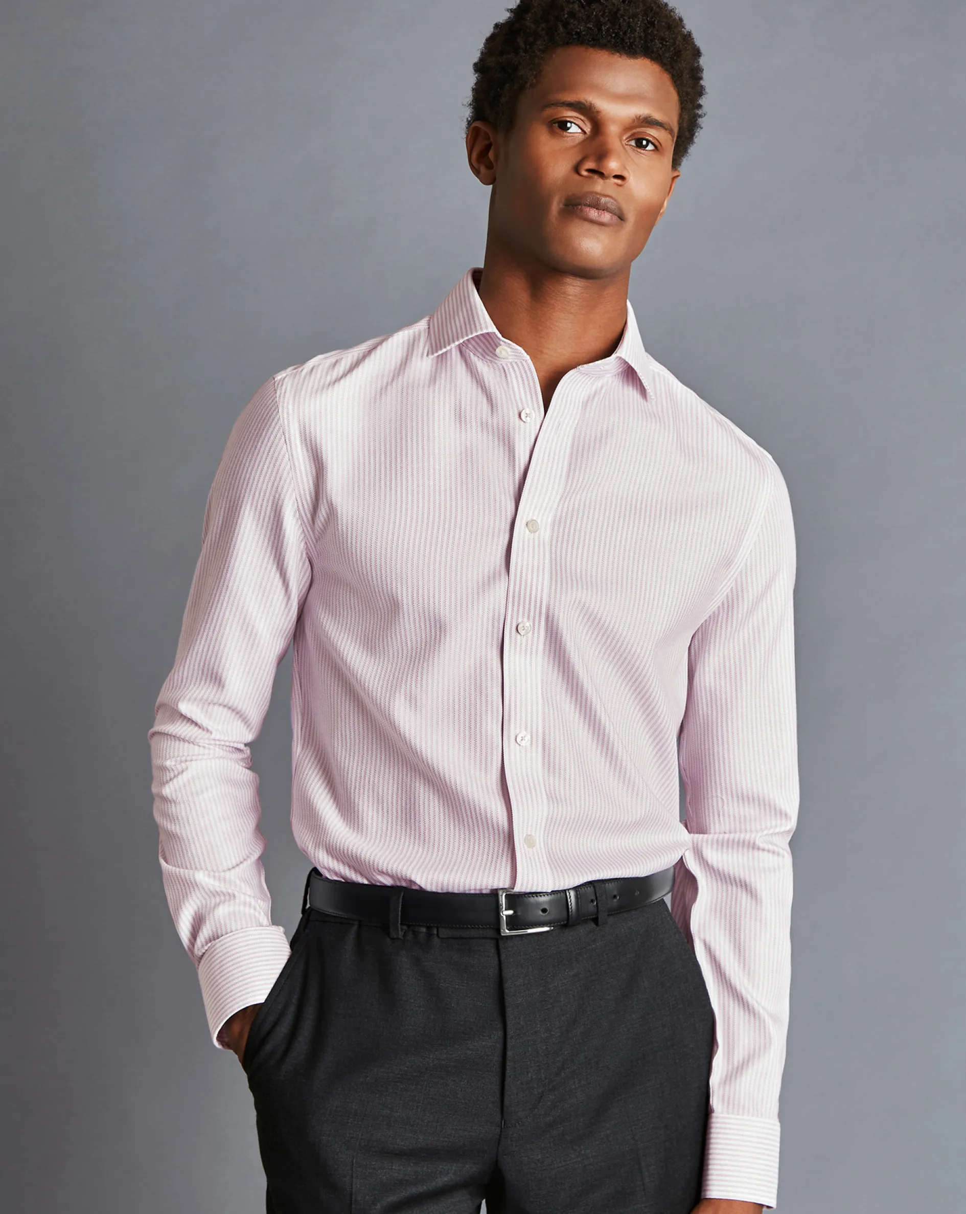 Discount Charles Tyrwhitt Spread collar Non-Iron Richmond Weave Stripe Shirt - Light Pink
