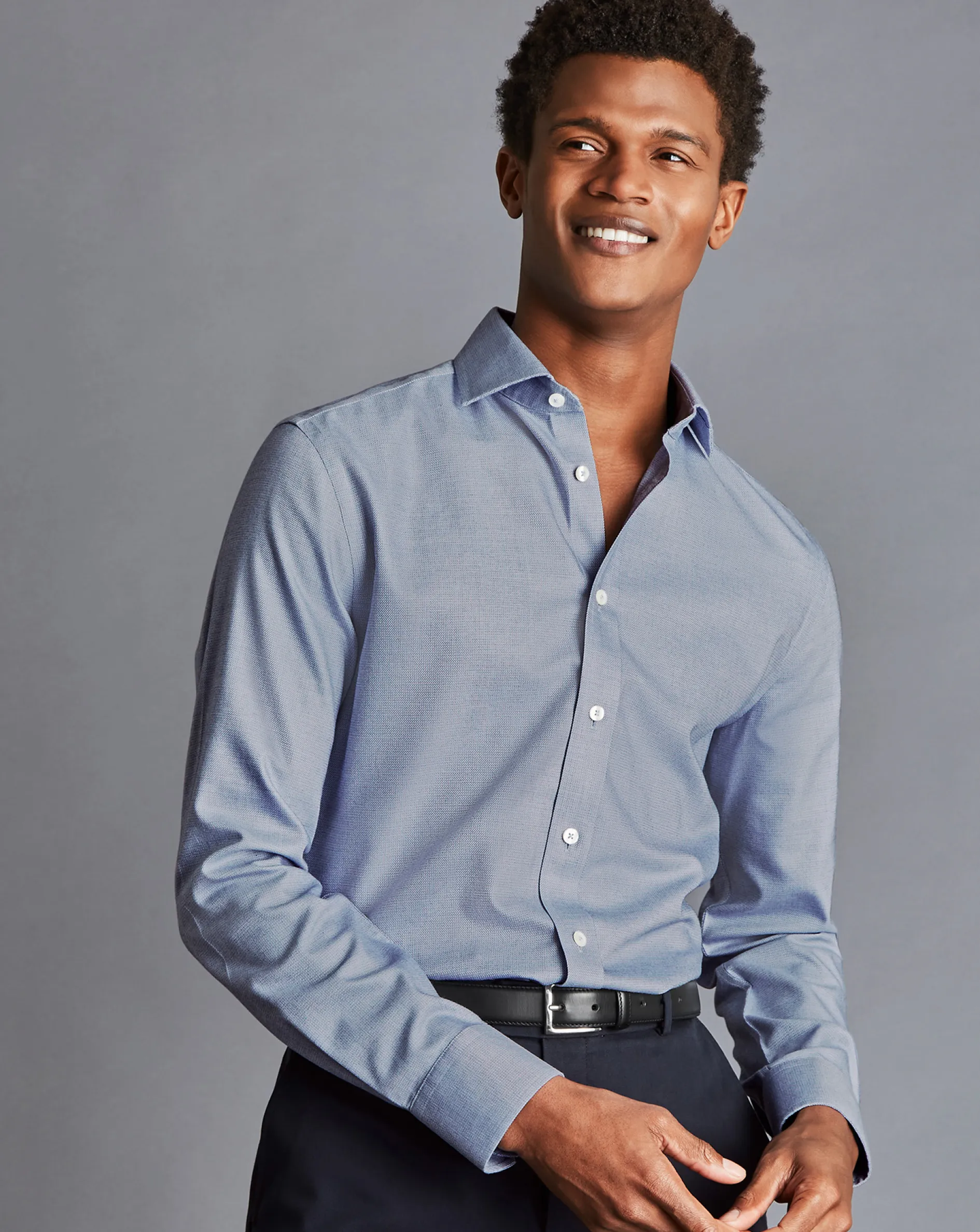New Charles Tyrwhitt Spread Collar Non-Iron Richmond Weave Shirt - Blue Indigo
