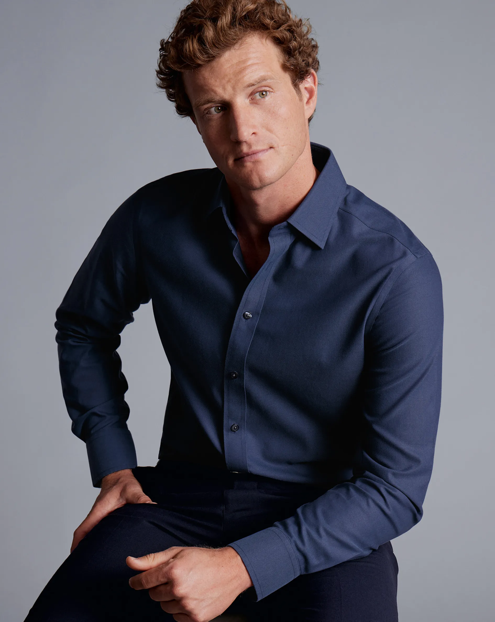 Shop Charles Tyrwhitt Spread Collar Non-Iron Royal Oxford Shirt - French Blue