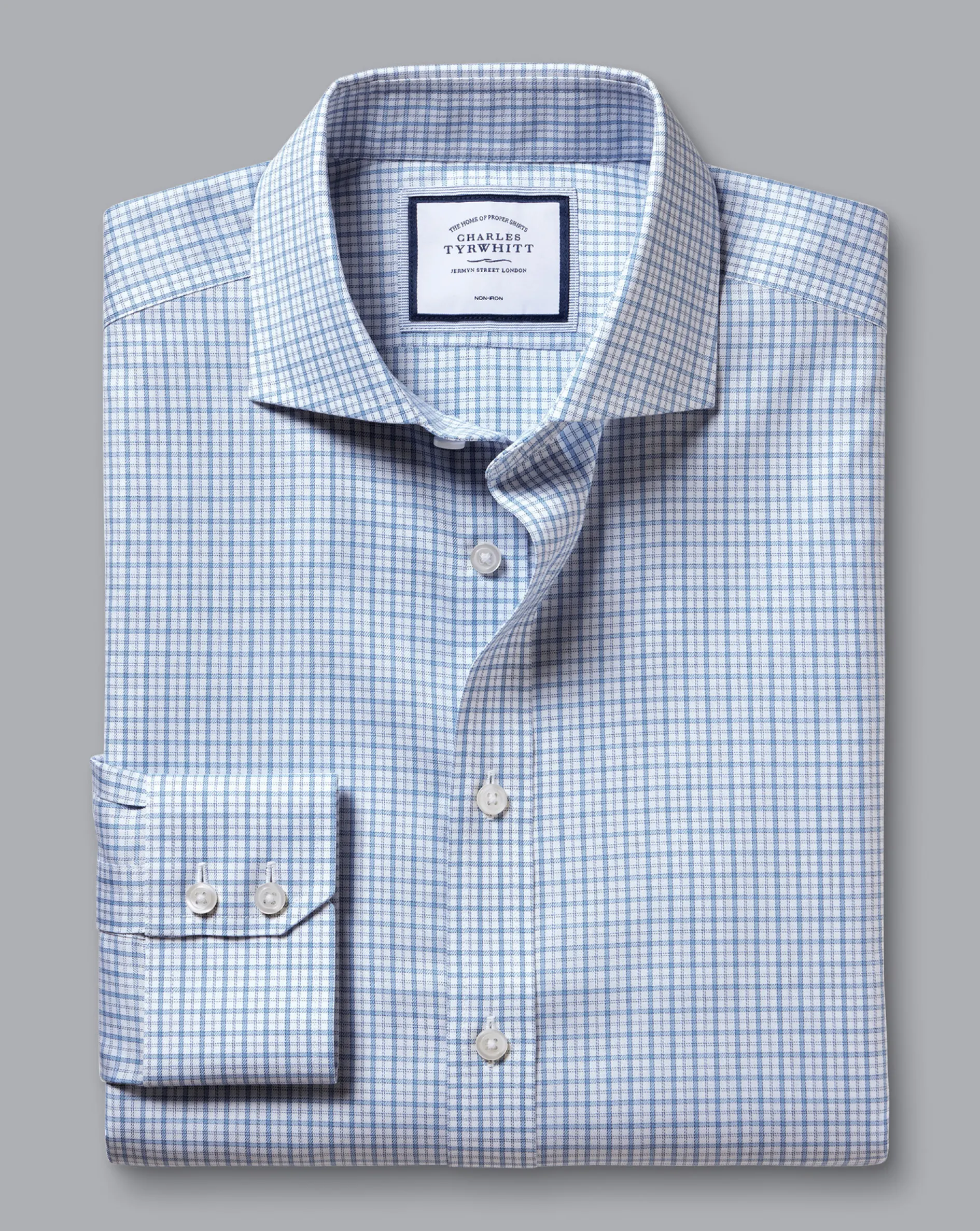Hot Charles Tyrwhitt Spread Collar Non-Iron Twill Windowpane Check Shirt - Ocean Blue