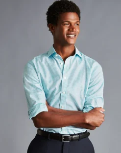 Outlet Charles Tyrwhitt Spread Collar Non-Iron Twill Mini Windowpane Check Shirt - Light Green