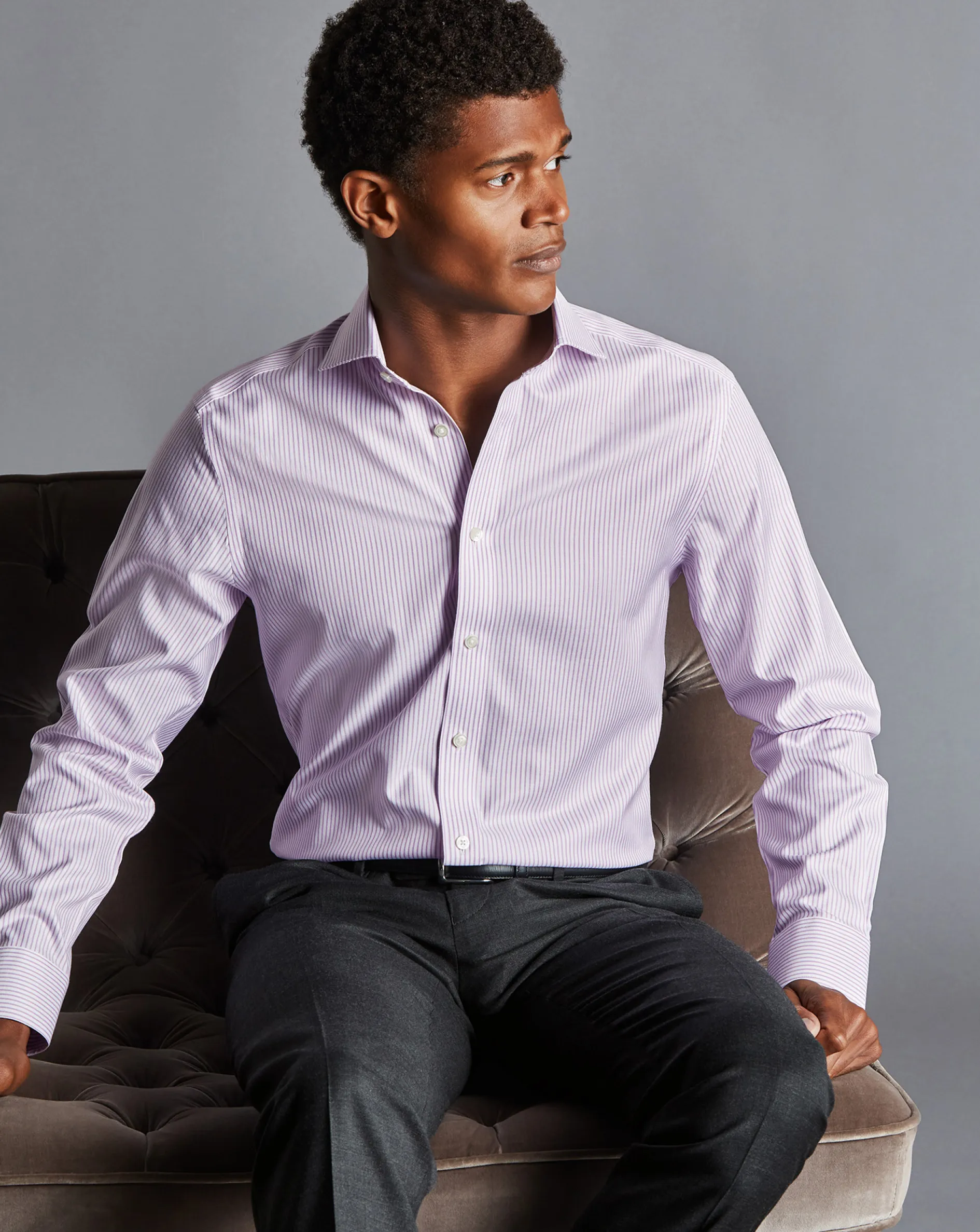 Best Sale Charles Tyrwhitt Spread Collar Non-Iron Twill Stripe Shirt - Mauve Purple