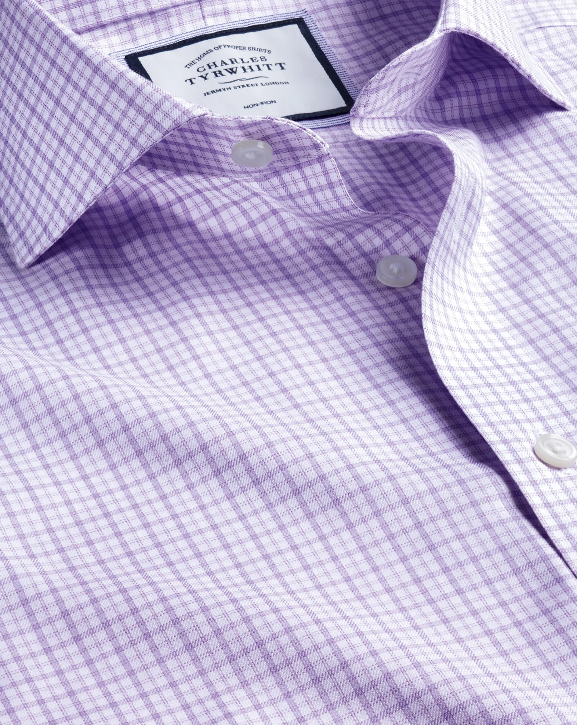 Clearance Charles Tyrwhitt Spread Collar Non-Iron Twill Windowpane Check Shirt - Purple Lilac