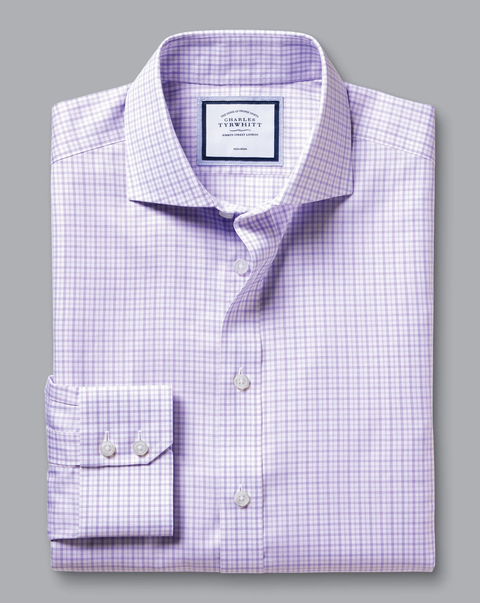 Clearance Charles Tyrwhitt Spread Collar Non-Iron Twill Windowpane Check Shirt - Purple Lilac