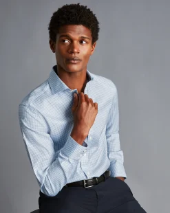 Discount Charles Tyrwhitt Spread Collar Non-Iron Twill Mini Windowpane Check Shirt - Steel Blue