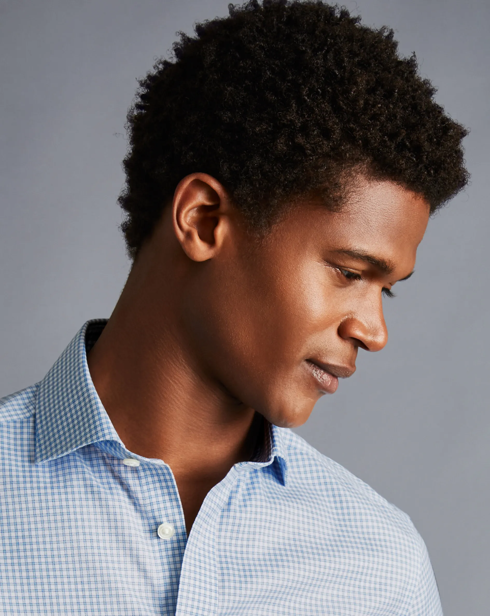 Discount Charles Tyrwhitt Spread Collar Non-Iron Twill Mini Windowpane Check Shirt - Steel Blue