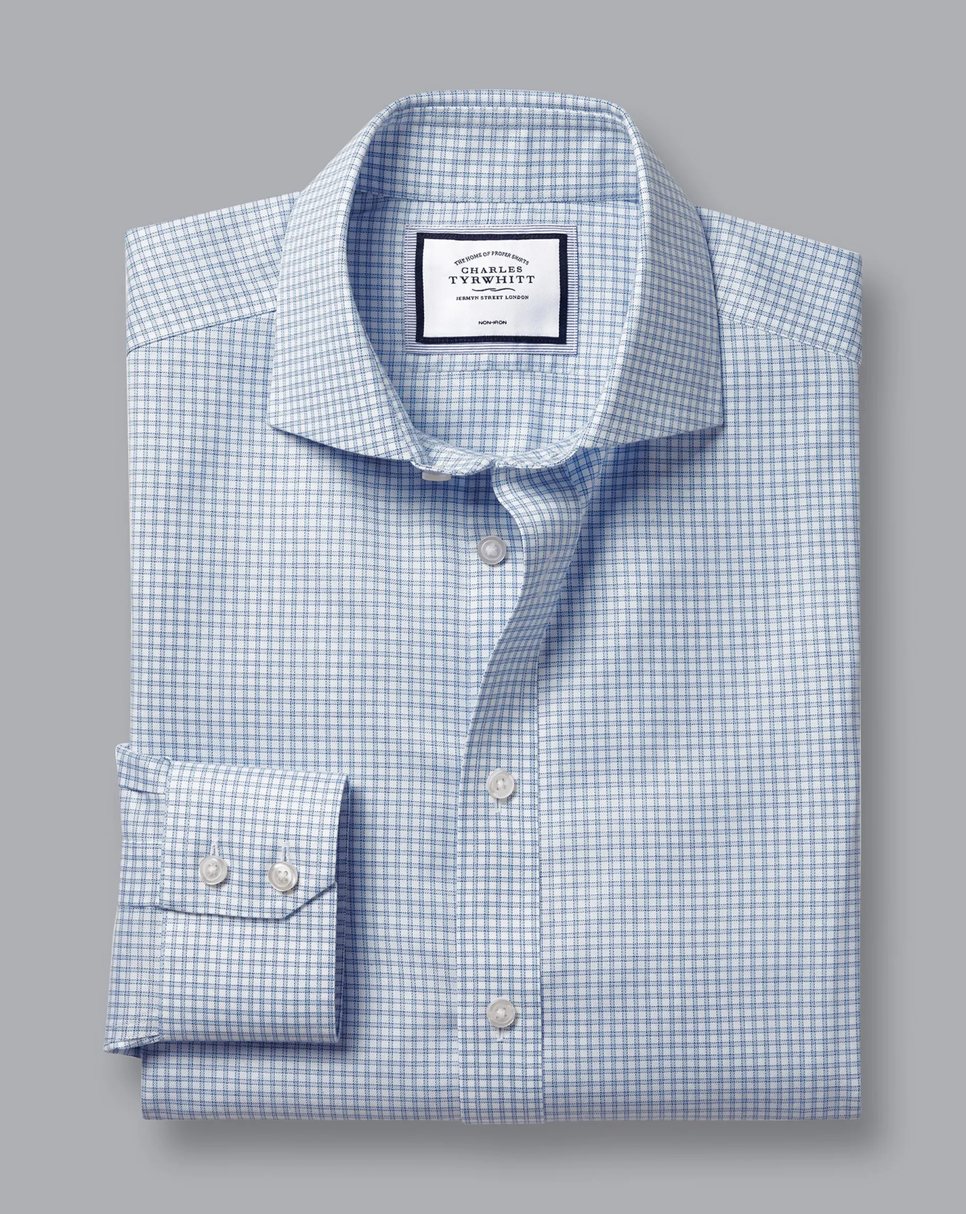 Discount Charles Tyrwhitt Spread Collar Non-Iron Twill Mini Windowpane Check Shirt - Steel Blue