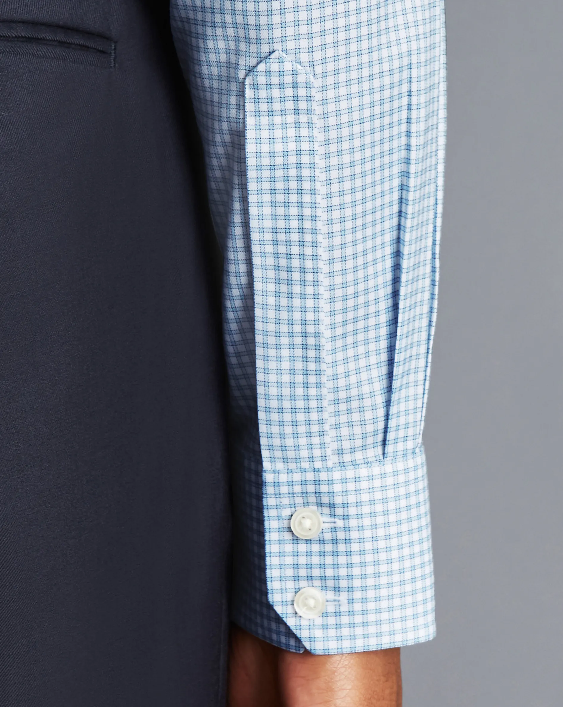 Discount Charles Tyrwhitt Spread Collar Non-Iron Twill Mini Windowpane Check Shirt - Steel Blue