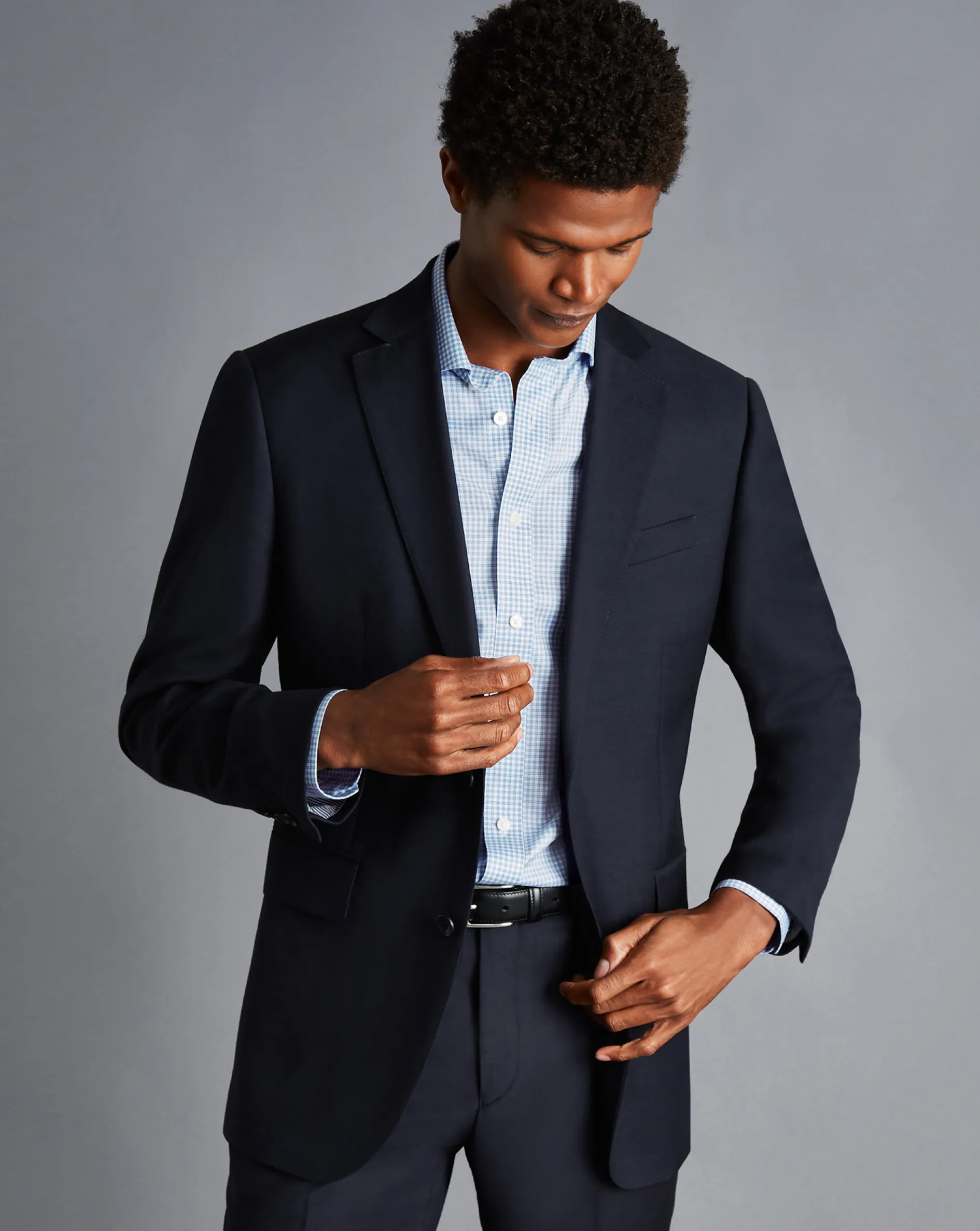 Discount Charles Tyrwhitt Spread Collar Non-Iron Twill Mini Windowpane Check Shirt - Steel Blue
