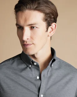 New Charles Tyrwhitt 4-Way Stretch Jersey Shirt - Flint Grey