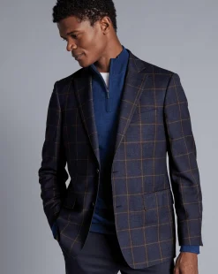 Discount Charles Tyrwhitt Windowpane Check Textured Wool Jacket - Steel Blue