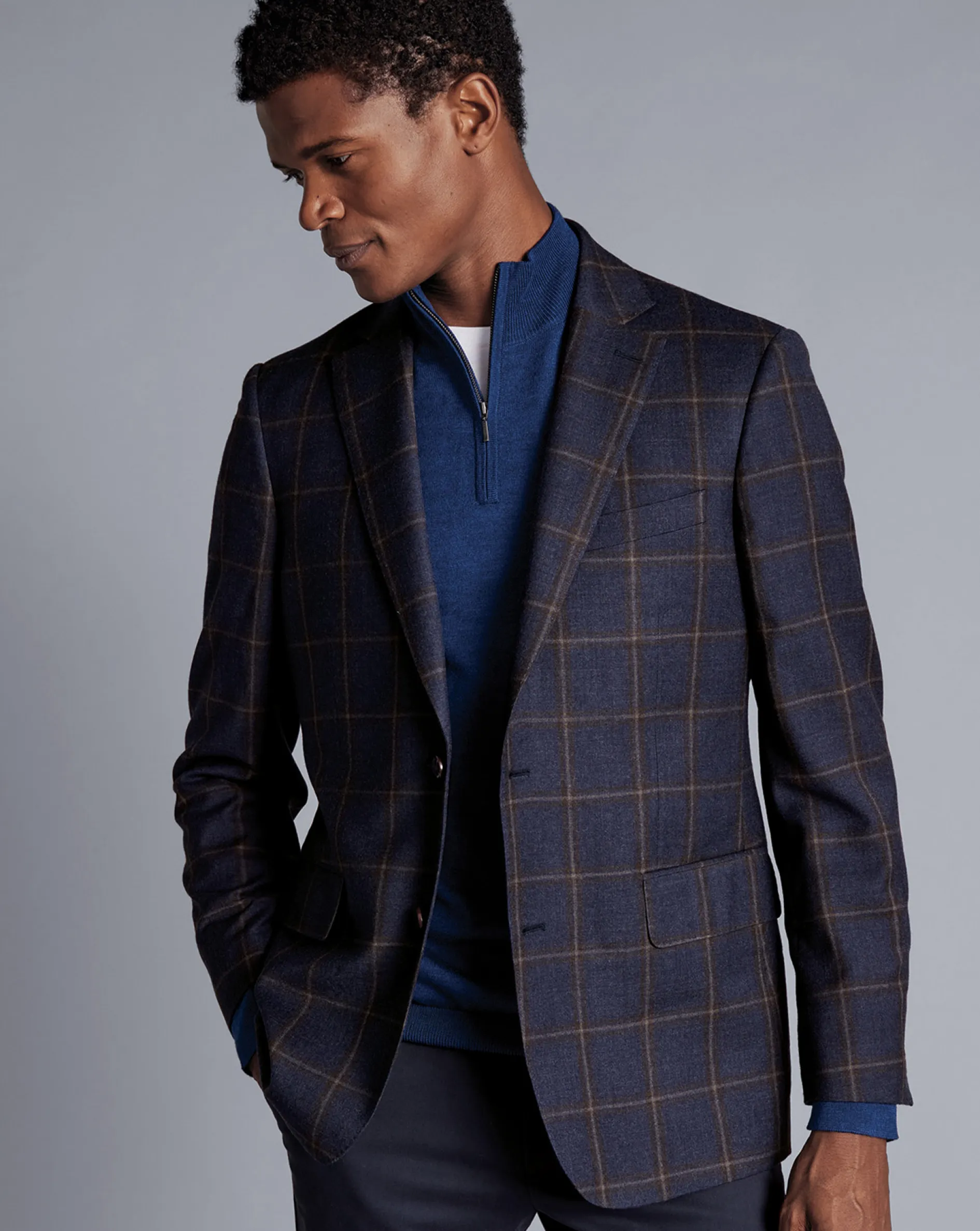 Discount Charles Tyrwhitt Windowpane Check Textured Wool Jacket - Steel Blue