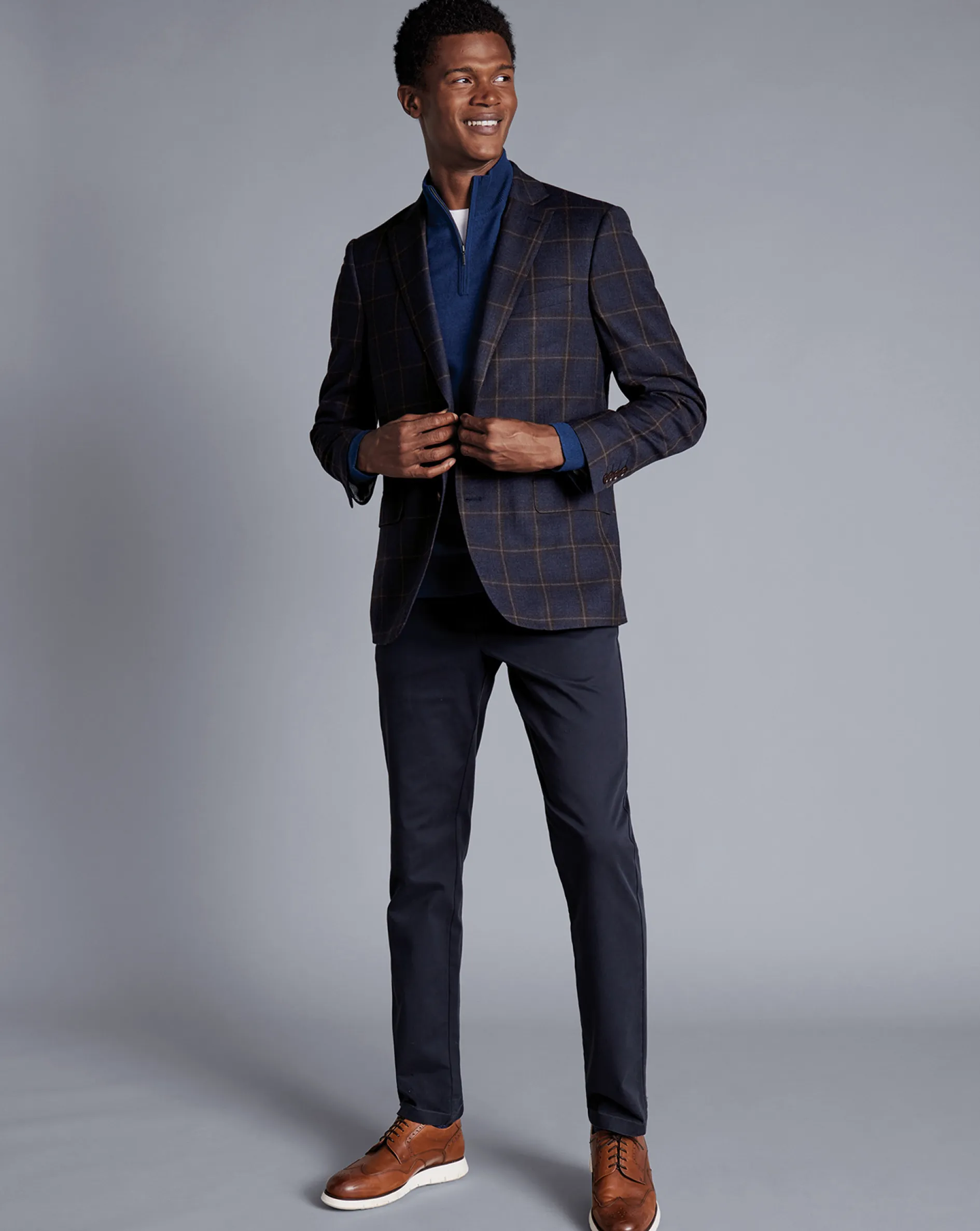 Discount Charles Tyrwhitt Windowpane Check Textured Wool Jacket - Steel Blue