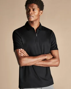 Cheap Charles Tyrwhitt Zip-Neck Jersey Polo - Black