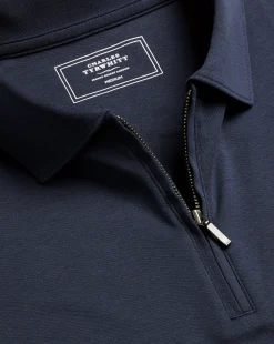 Shop Charles Tyrwhitt Zip-Neck Jersey Polo - Navy