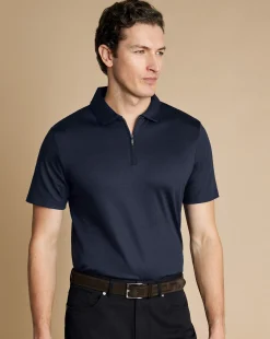 Shop Charles Tyrwhitt Zip-Neck Jersey Polo - Navy