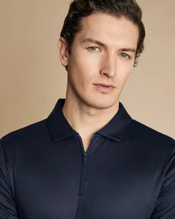 Shop Charles Tyrwhitt Zip-Neck Jersey Polo - Navy