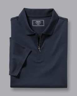 Shop Charles Tyrwhitt Zip-Neck Jersey Polo - Navy