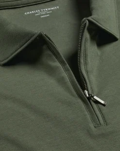 Hot Charles Tyrwhitt Zip-Neck Jersey Polo - Green Olive