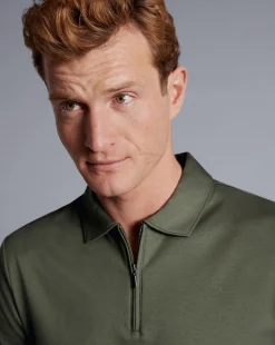 Hot Charles Tyrwhitt Zip-Neck Jersey Polo - Green Olive