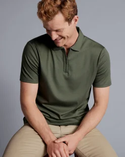 Hot Charles Tyrwhitt Zip-Neck Jersey Polo - Green Olive