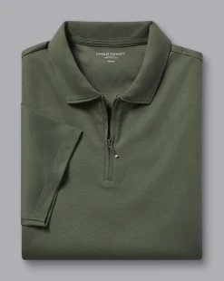 Hot Charles Tyrwhitt Zip-Neck Jersey Polo - Green Olive